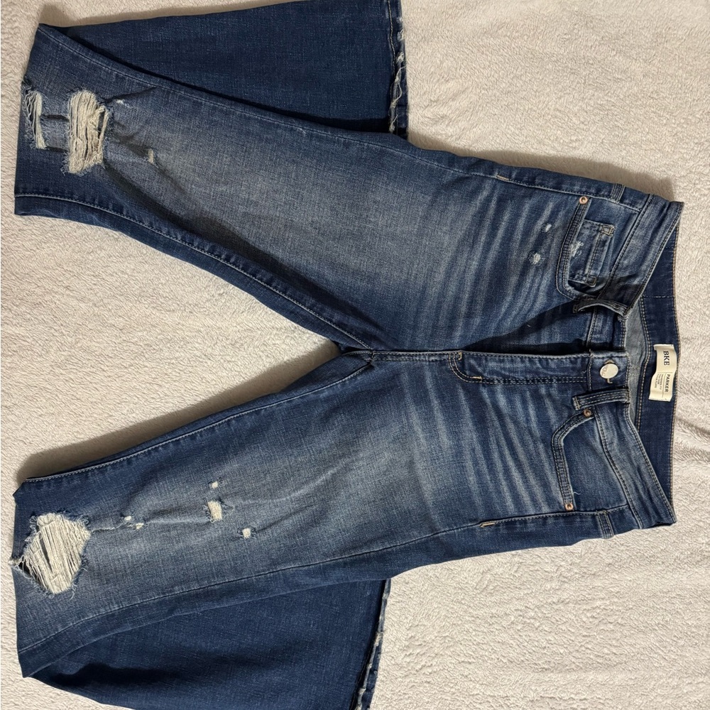 BKE Blue Flare Wide Leg Jeans with Distressed Details
